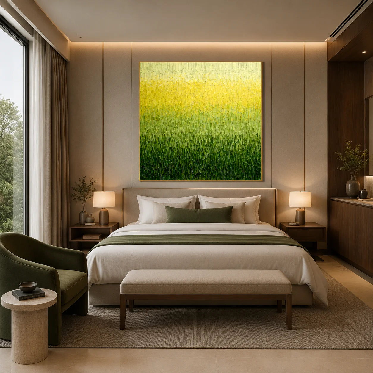 Ownanart Original Hand-Painted Yellow Green Gradient Abstract Oil Painting, Modern Minimalist Vertical Textured Wall Art for Living Room, Bedroom, and Entryway Decor # OA 1272