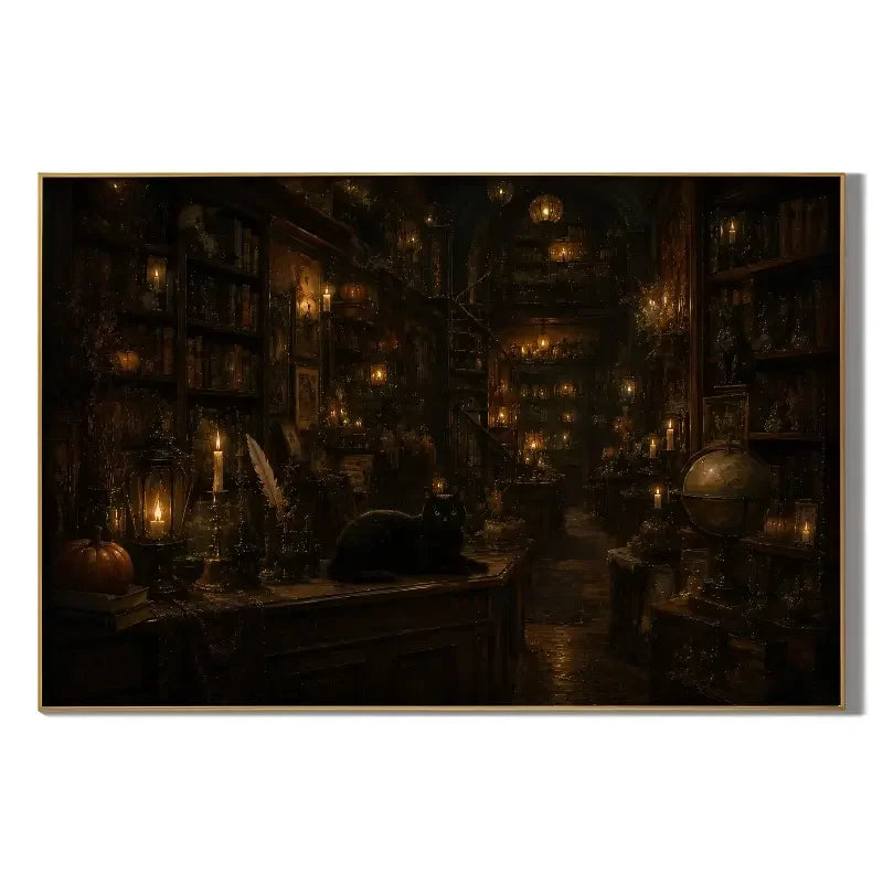 Ownanart Original Handmade Dark Academia Library Oil Painting | Gothic Candlelit Library with Black Cat & Enchanted Study | Vintage Witchcore Fantasy Wall Art | Halloween Gothic Hand-Painted Canvas for Home Decor # OA 1320