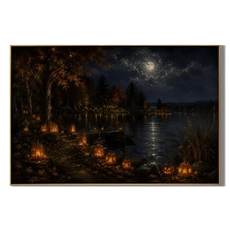 Ownanart Original Handmade Halloween Moonlit Lake Oil Painting | Glowing Jack-o'-Lanterns, Autumn Forest & Tranquil Waters | Gothic Cottagecore & Dark Academia Landscape Wall Art | Hand-Painted Fall Home Decor Canvas # OA 1321
