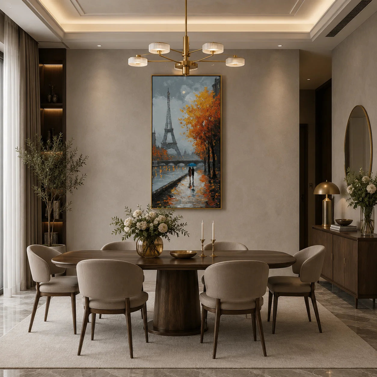 Paris Eiffel Tower Autumn Rain Hand-Painted Oil Painting | Romantic Cityscape Wall Art for French Style Decor#OA1016