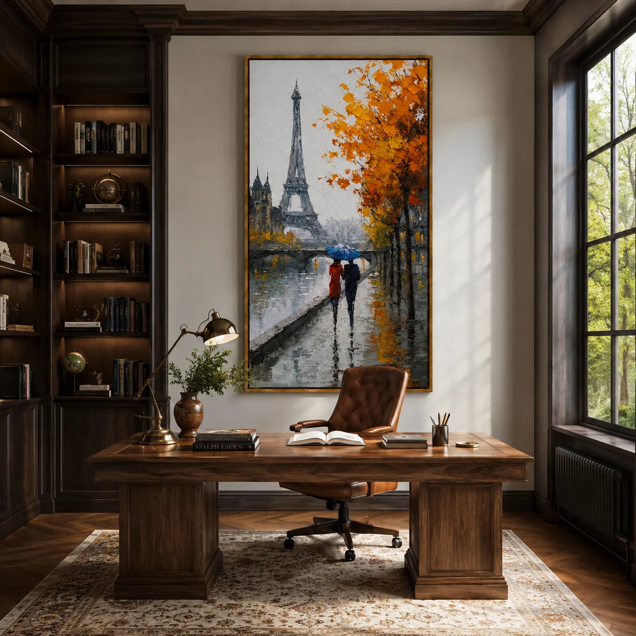 Paris Eiffel Tower Hand-Painted Oil Painting, Rainy Autumn Street Scene Wall Art for Romantic Home Decor#OA 0959