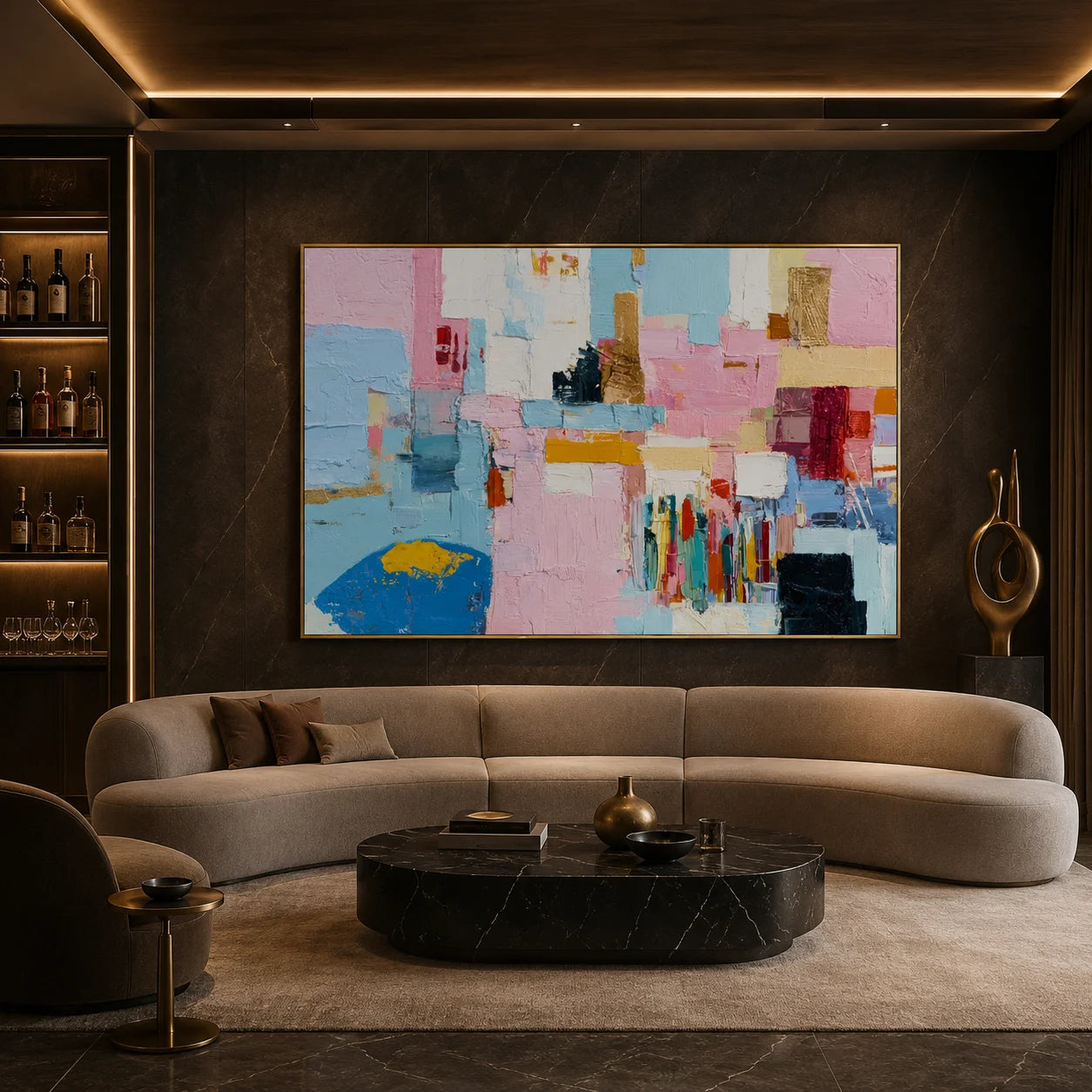 Pastel Geometric Abstract Hand-Painted Oil Painting | Textured Pink Blue Canvas Wall Art for Modern Living Room Decor # OA 1037