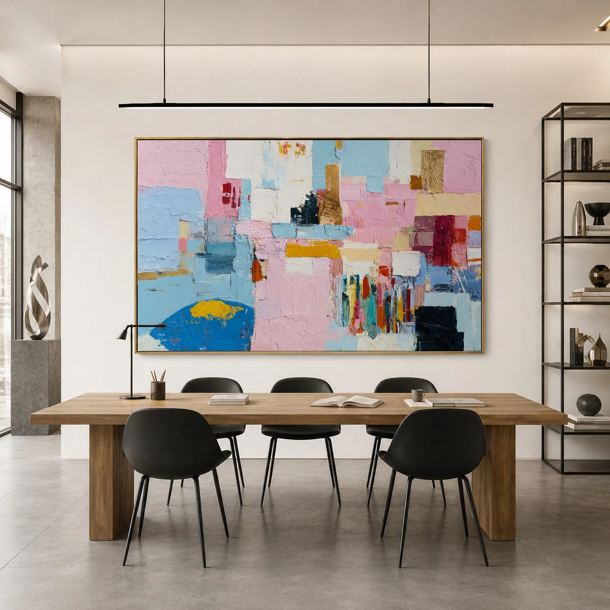 Pastel Geometric Abstract Hand-Painted Oil Painting | Textured Pink Blue Canvas Wall Art for Modern Living Room Decor # OA 1037