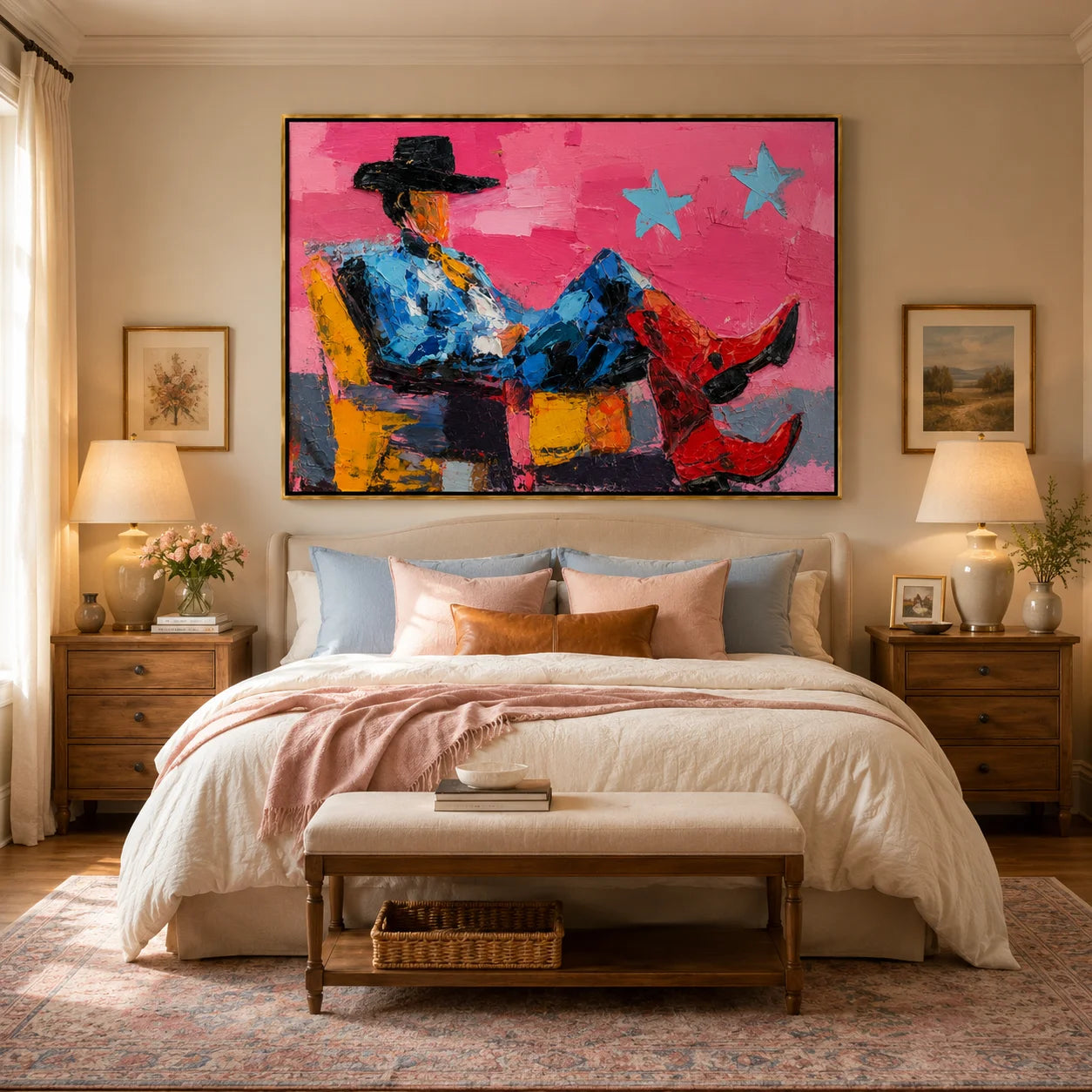 Pink Cowboy Hand-Painted Oil Painting, Textured Western Wall Art with Red Boots for Modern Home Decor#OA 0971
