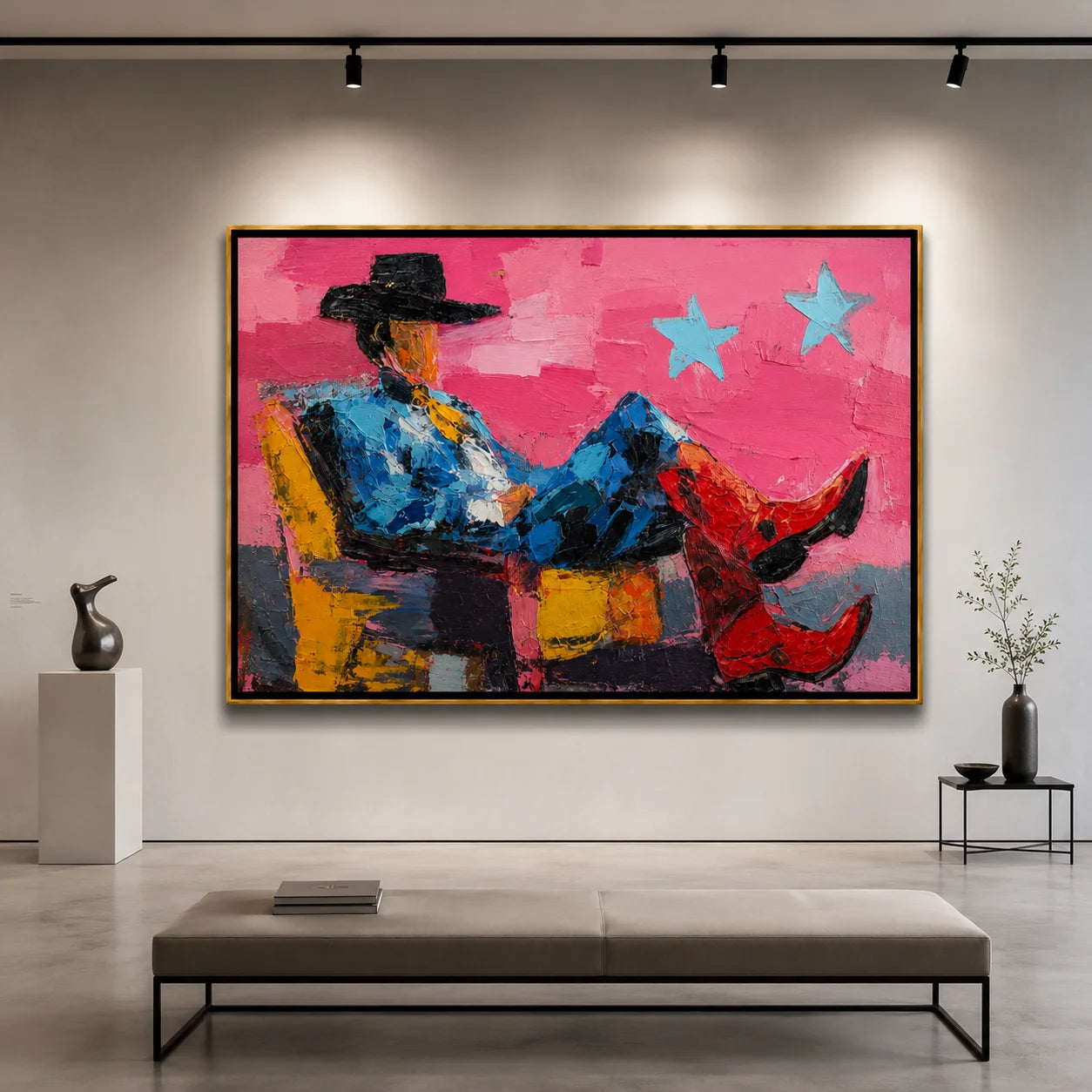 Pink Cowboy Hand-Painted Oil Painting, Textured Western Wall Art with Red Boots for Modern Home Decor#OA 0971