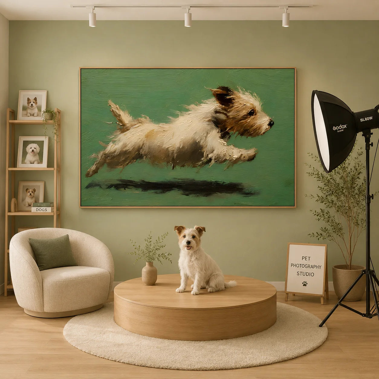 Running Terrier Dog Hand-Painted Oil Painting | Green Background Pet Portrait Wall Art # OA 1071