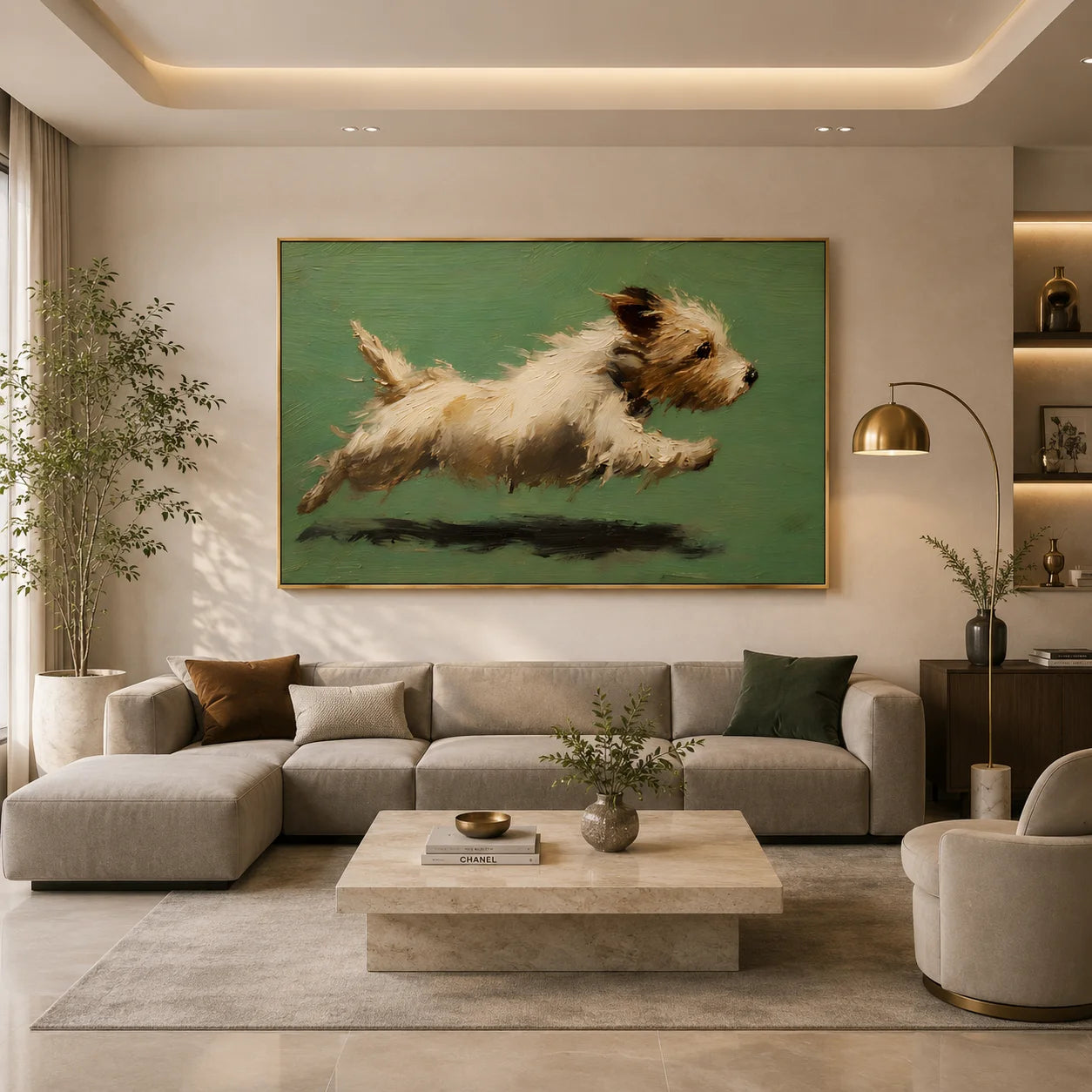 Running Terrier Dog Hand-Painted Oil Painting | Green Background Pet Portrait Wall Art # OA 1071
