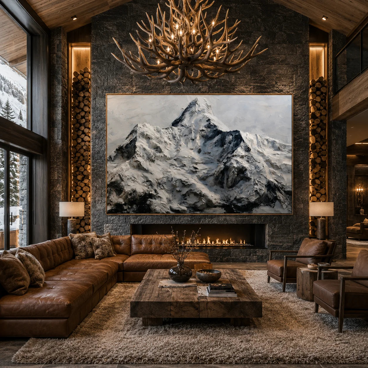 Snow Mountain Landscape Hand-Painted Oil Painting, Black White Textured Alpine Wall Art # OA 1048