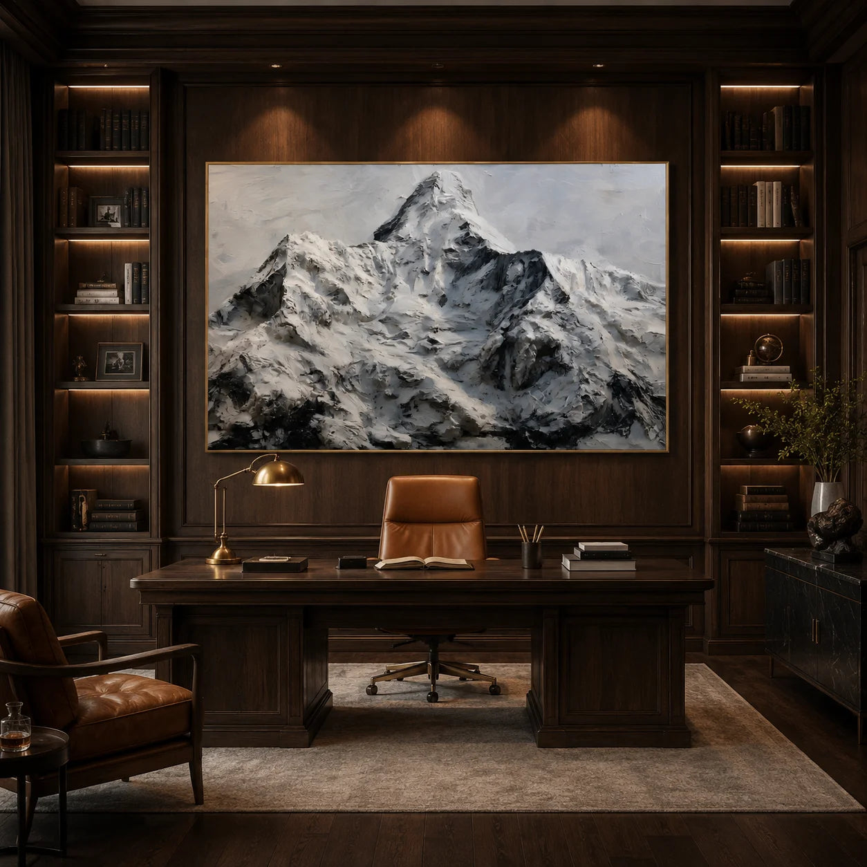 Snow Mountain Landscape Hand-Painted Oil Painting, Black White Textured Alpine Wall Art # OA 1048