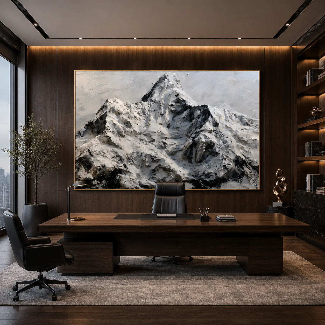Snow Mountain Landscape Hand-Painted Oil Painting, Black White Textured Alpine Wall Art # OA 1048