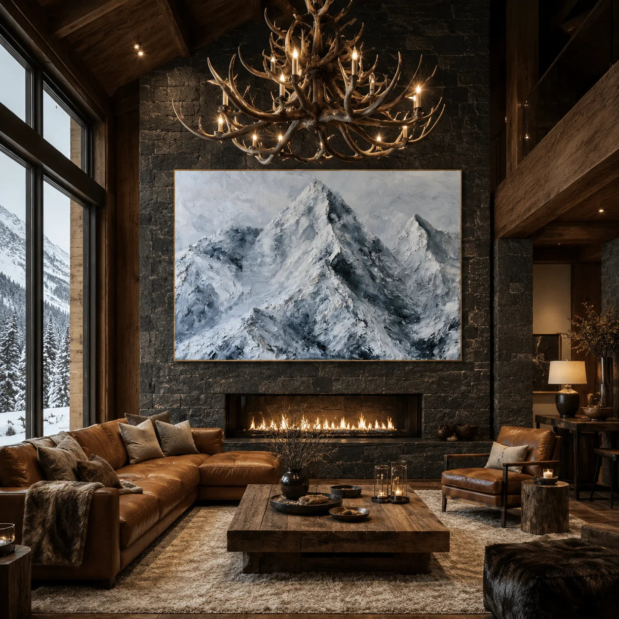 Snow Mountain Landscape Hand-Painted Oil Painting, Modern Textured Alpine Wall Art for Living Room # OA 1049