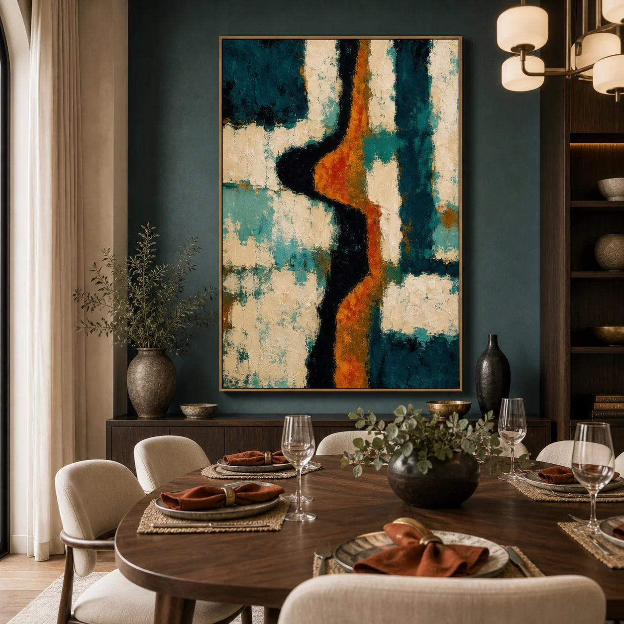 Teal and Orange Abstract Hand-Painted Oil Painting – Modern Textured Vertical Wall Art OA # 1099