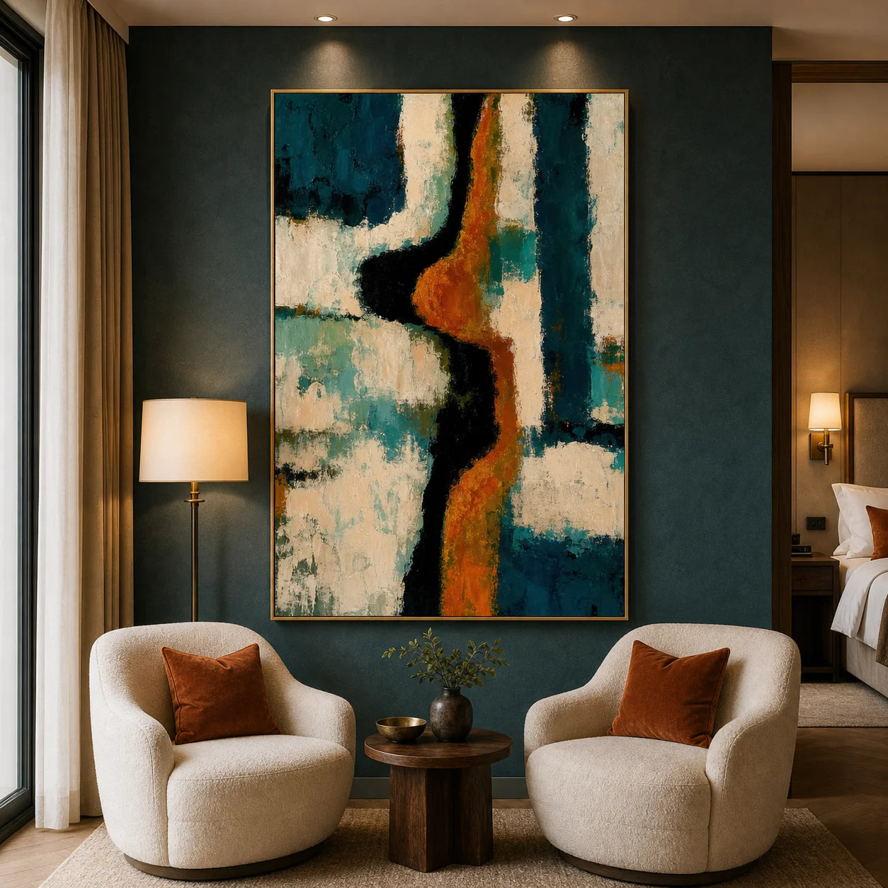 Teal and Orange Abstract Hand-Painted Oil Painting – Modern Textured Vertical Wall Art OA # 1099