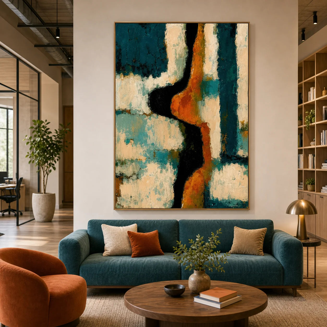 Teal and Orange Abstract Hand-Painted Oil Painting – Modern Textured Vertical Wall Art OA # 1099