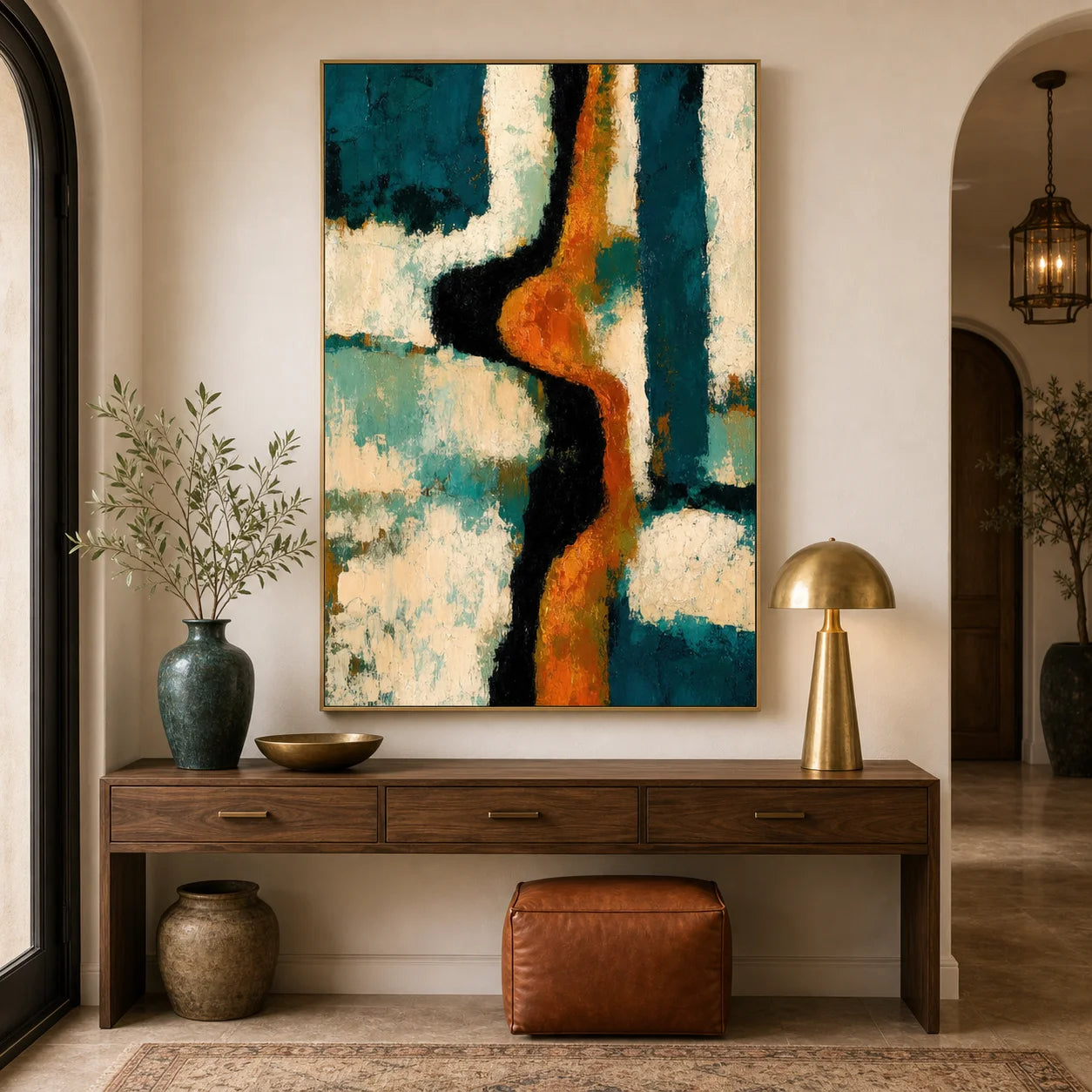 Teal and Orange Abstract Hand-Painted Oil Painting – Modern Textured Vertical Wall Art OA # 1099