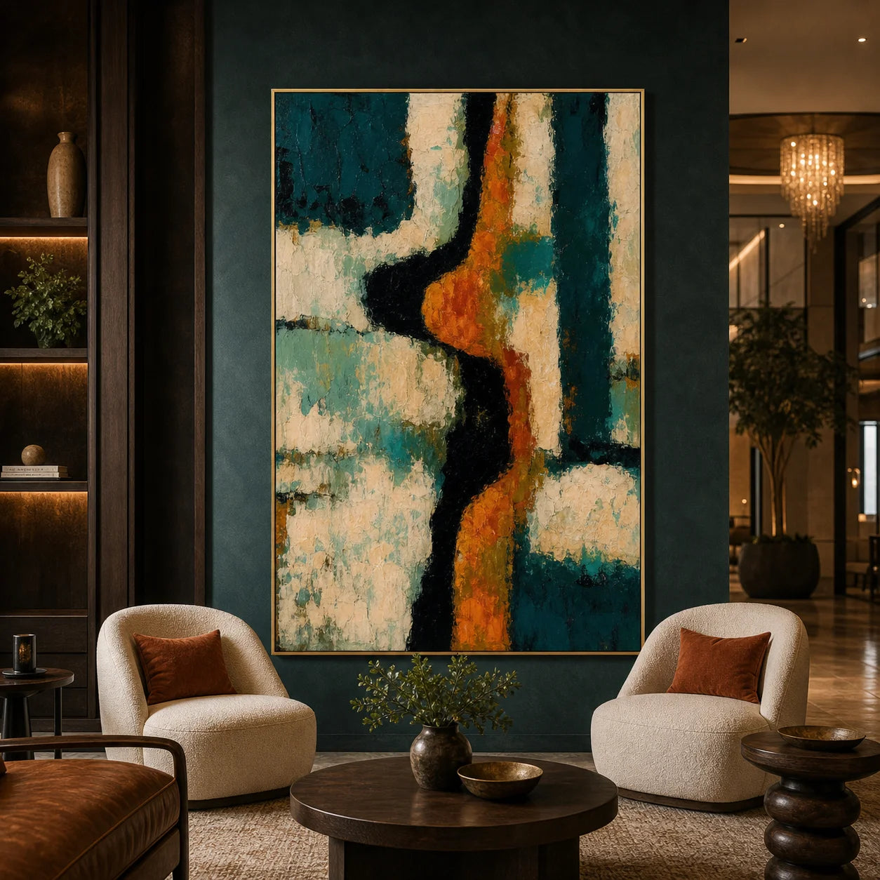 Teal and Orange Abstract Hand-Painted Oil Painting – Modern Textured Vertical Wall Art OA # 1099
