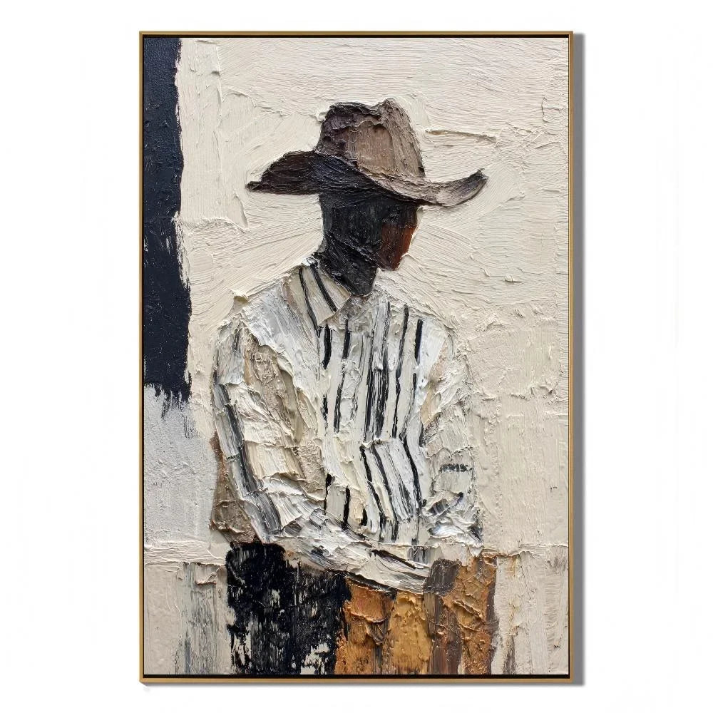 Modern Abstract Figure Hand-Painted Oil Painting | Textured Minimalist Woman with Hat Wall Art | Contemporary Portrait Canvas Artwork for Living Room, Bedroom & Office # OA 1089