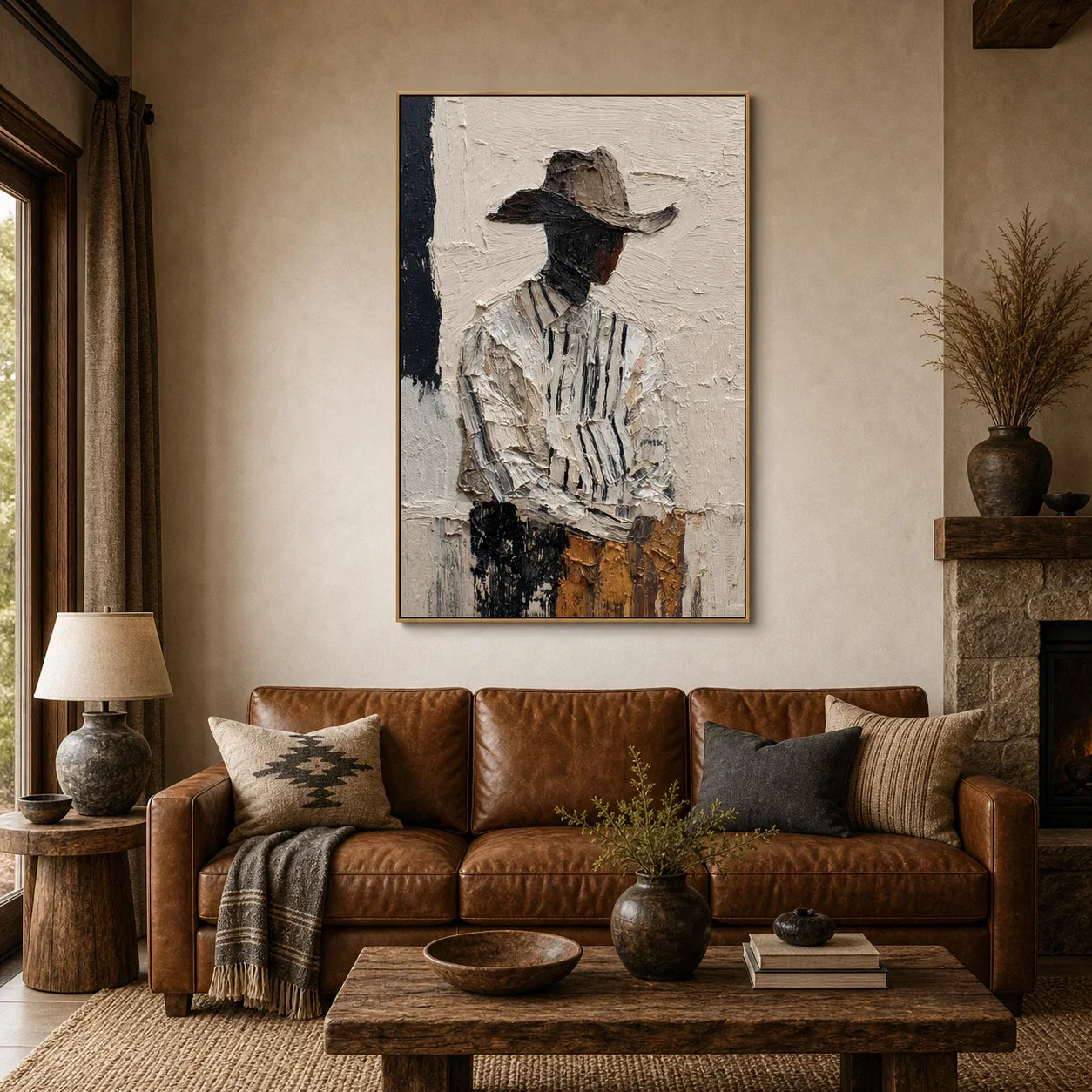 Modern Abstract Figure Hand-Painted Oil Painting | Textured Minimalist Woman with Hat Wall Art | Contemporary Portrait Canvas Artwork for Living Room, Bedroom & Office # OA 1089