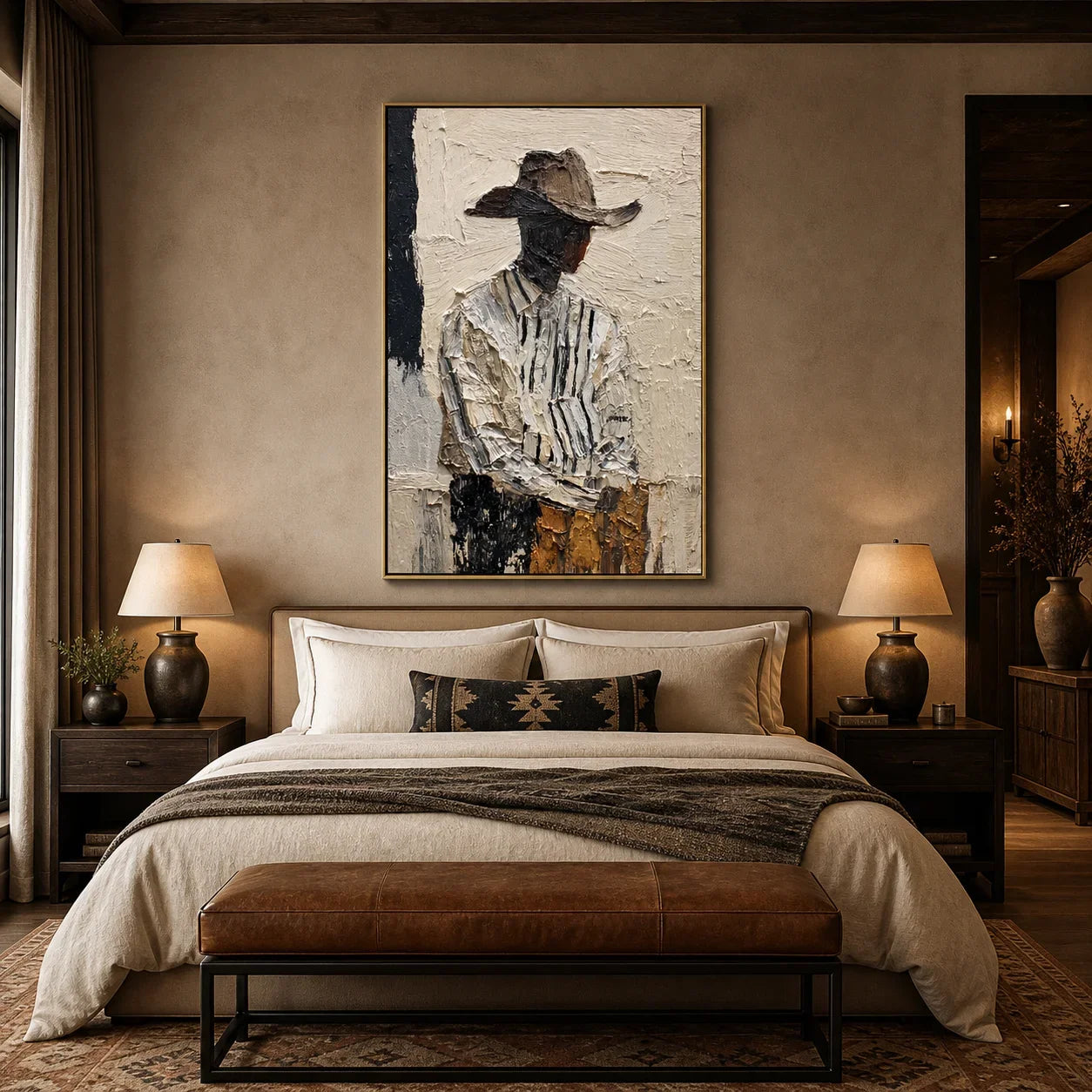 Modern Abstract Figure Hand-Painted Oil Painting | Textured Minimalist Woman with Hat Wall Art | Contemporary Portrait Canvas Artwork for Living Room, Bedroom & Office # OA 1089