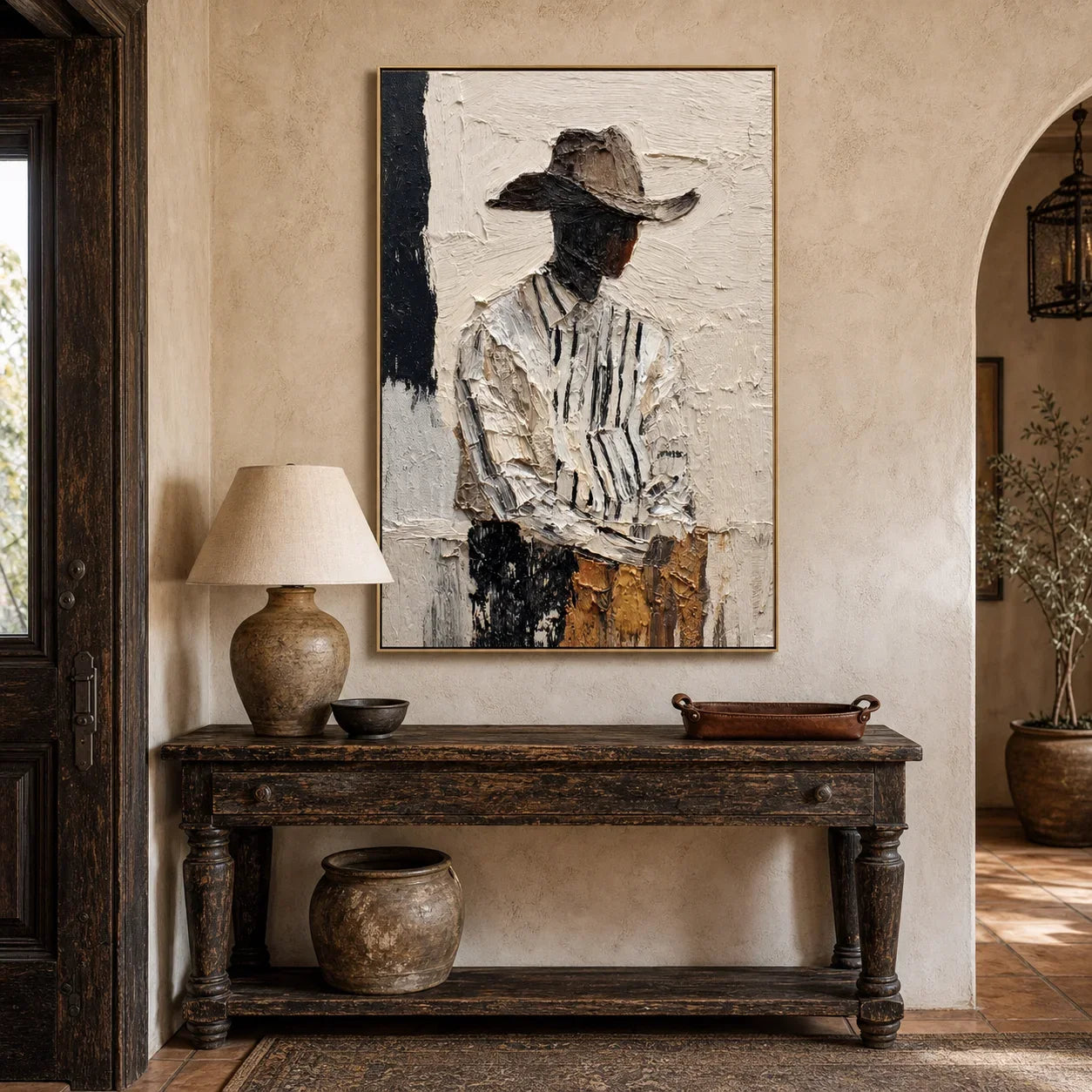 Modern Abstract Figure Hand-Painted Oil Painting | Textured Minimalist Woman with Hat Wall Art | Contemporary Portrait Canvas Artwork for Living Room, Bedroom & Office # OA 1089