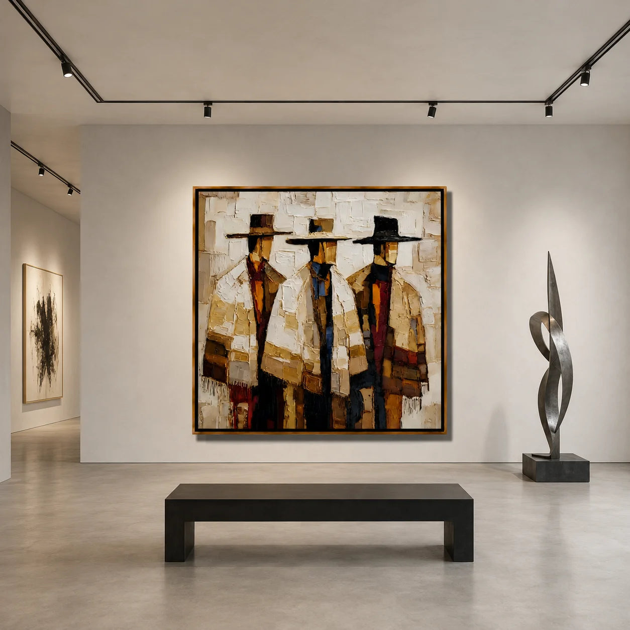 Three Abstract Figures Hand-Painted Oil Painting | Modern Western Figurative Wall Art with Neutral Textured Finish #OA 1010