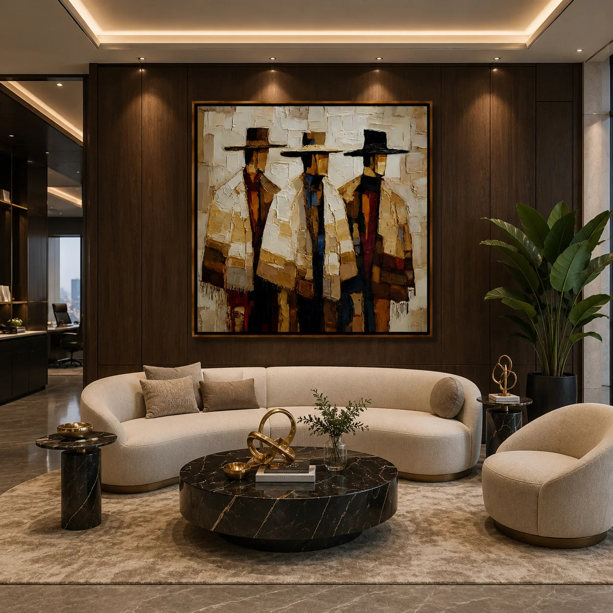 Three Abstract Figures Hand-Painted Oil Painting | Modern Western Figurative Wall Art with Neutral Textured Finish #OA 1010