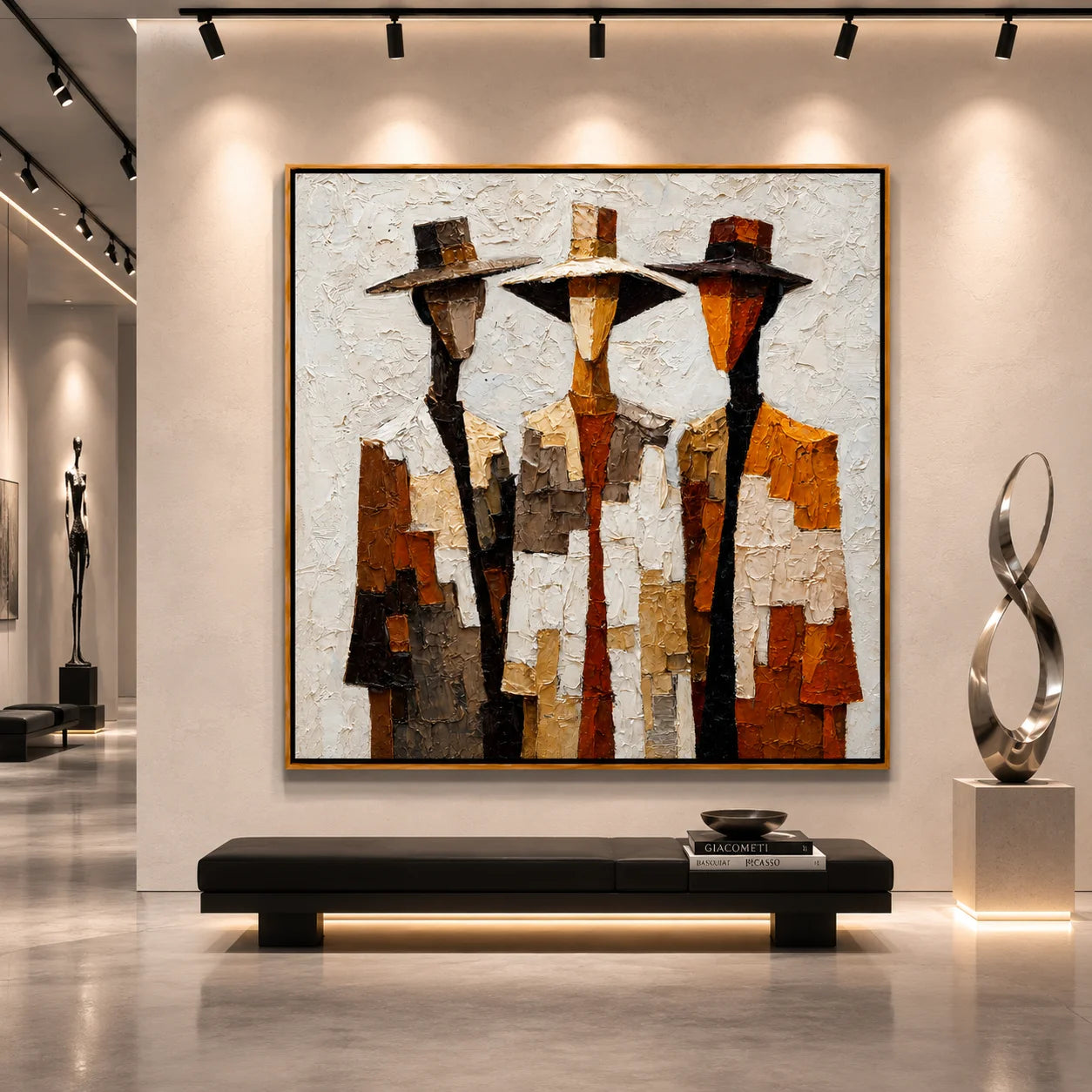 Three Western Cowboy Figures Hand-Painted Oil Painting | Modern Abstract Textured Wall Art in Vintage Earth Tones#OA1022