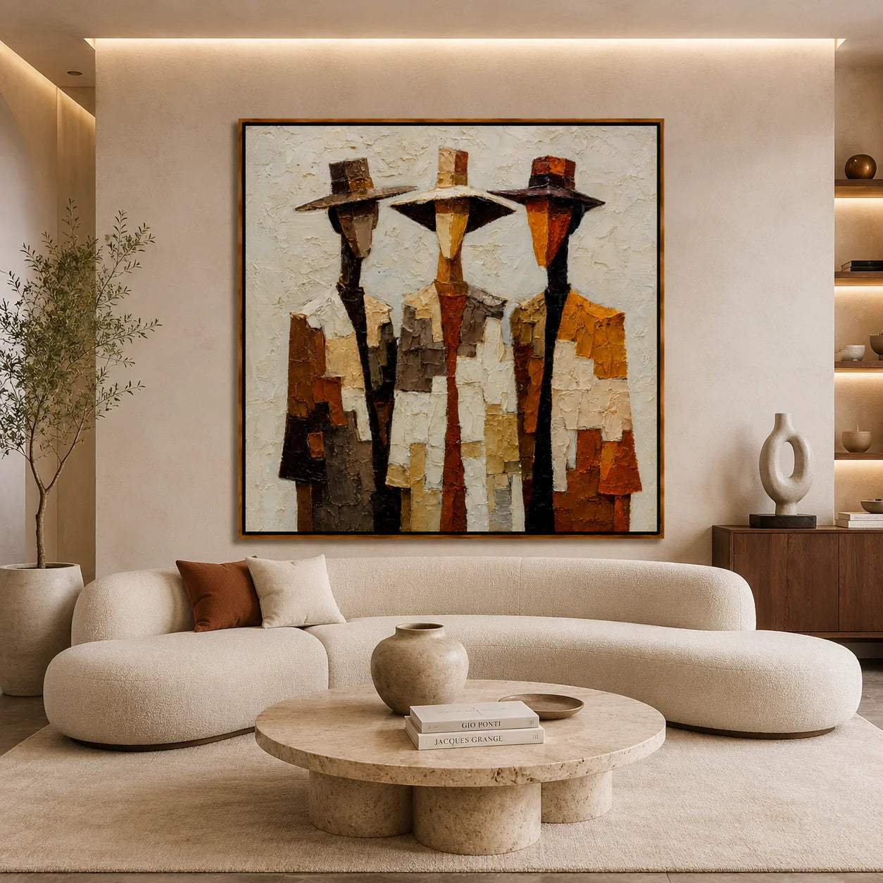 Three Western Cowboy Figures Hand-Painted Oil Painting | Modern Abstract Textured Wall Art in Vintage Earth Tones#OA1022