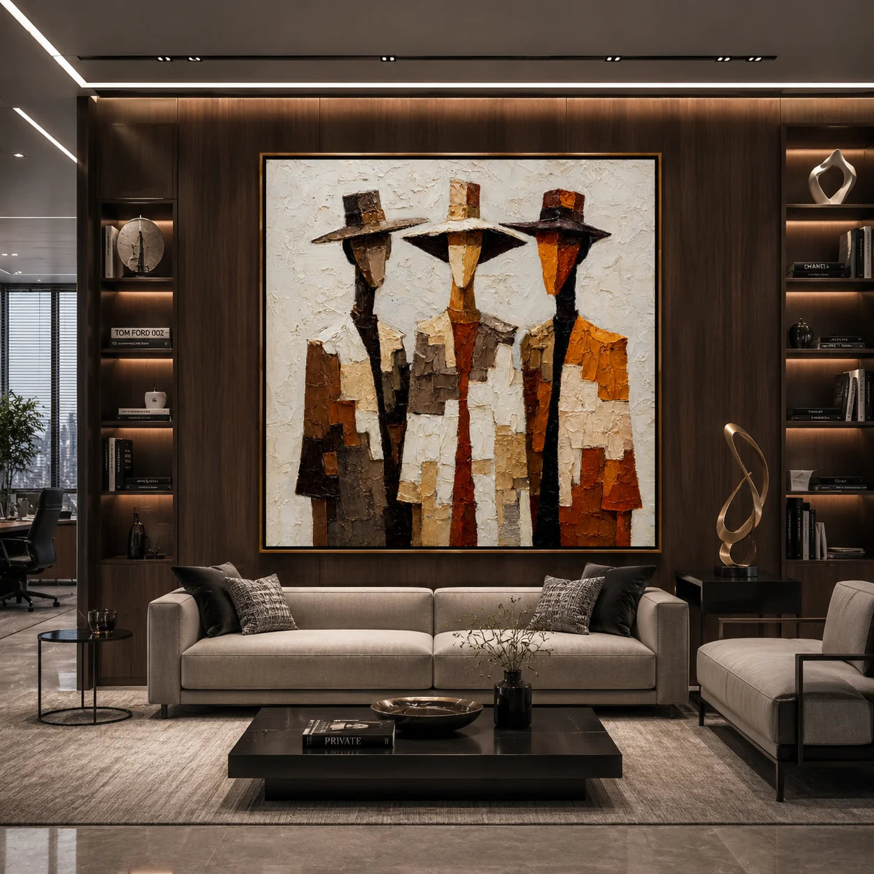 Three Western Cowboy Figures Hand-Painted Oil Painting | Modern Abstract Textured Wall Art in Vintage Earth Tones#OA1022