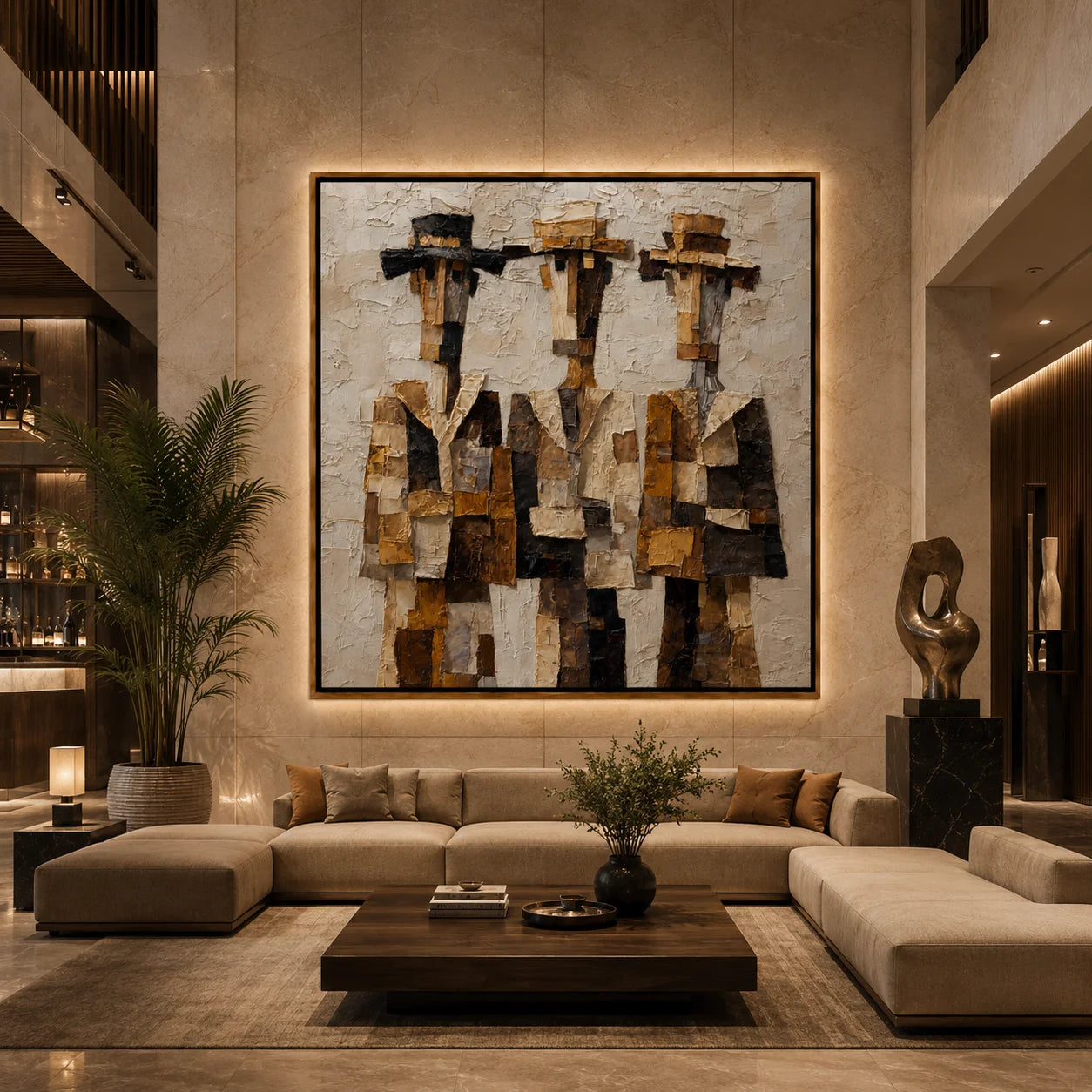 Three Western Cowboys Hand-Painted Oil Painting | Modern Abstract Figurative Wall Art with Textured Earth Tones#OA1023