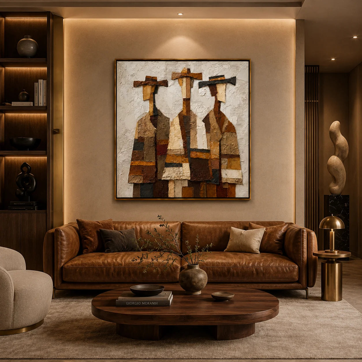 Three Western Figures Hand-Painted Oil Painting | Modern Abstract Cowboy Wall Art with Textured Vintage Style#OA1021