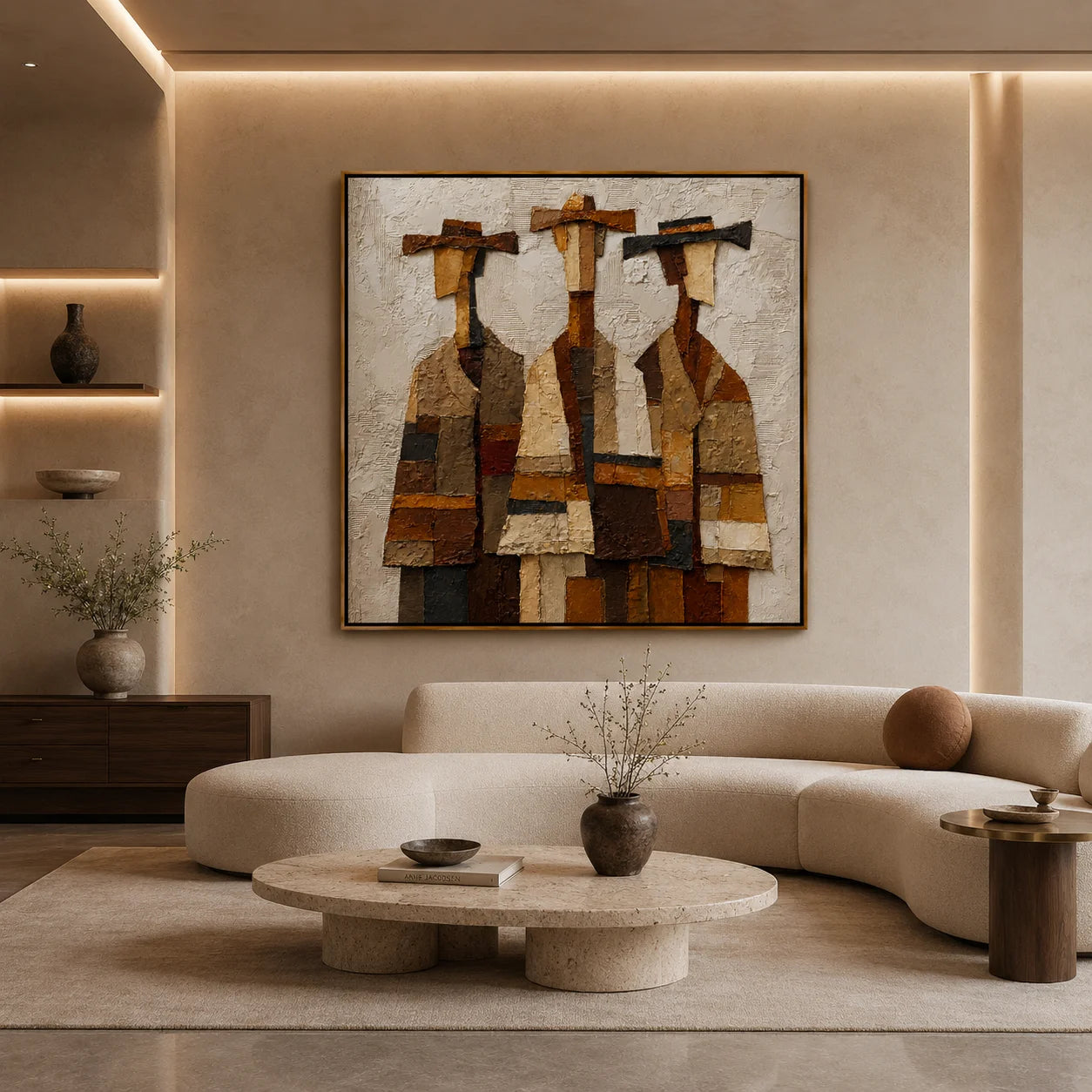 Three Western Figures Hand-Painted Oil Painting | Modern Abstract Cowboy Wall Art with Textured Vintage Style#OA1021