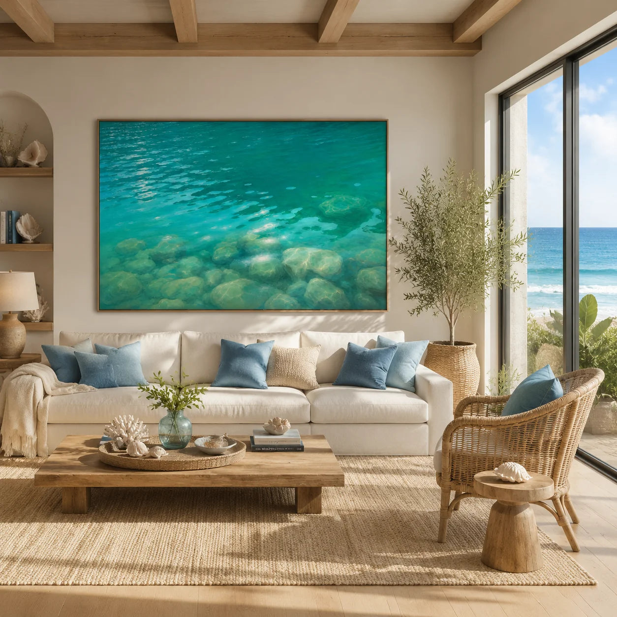 Ownanart Turquoise Clear Water Hand-Painted Oil Painting, Underwater Rocks & Tranquil Aqua Landscape Wall Art for Living Room and Coastal Home Decor # OA 1332
