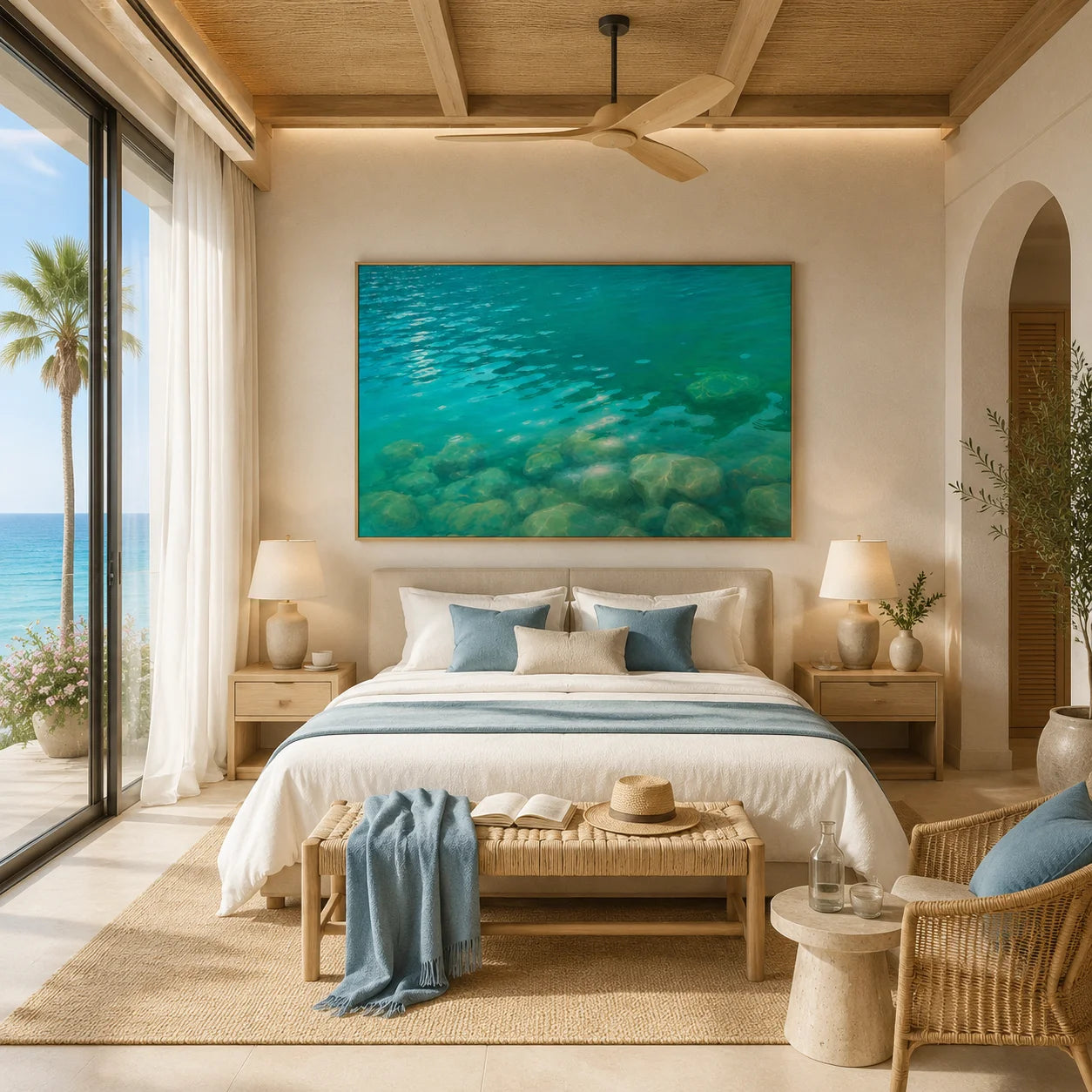 Ownanart Turquoise Clear Water Hand-Painted Oil Painting, Underwater Rocks & Tranquil Aqua Landscape Wall Art for Living Room and Coastal Home Decor # OA 1332