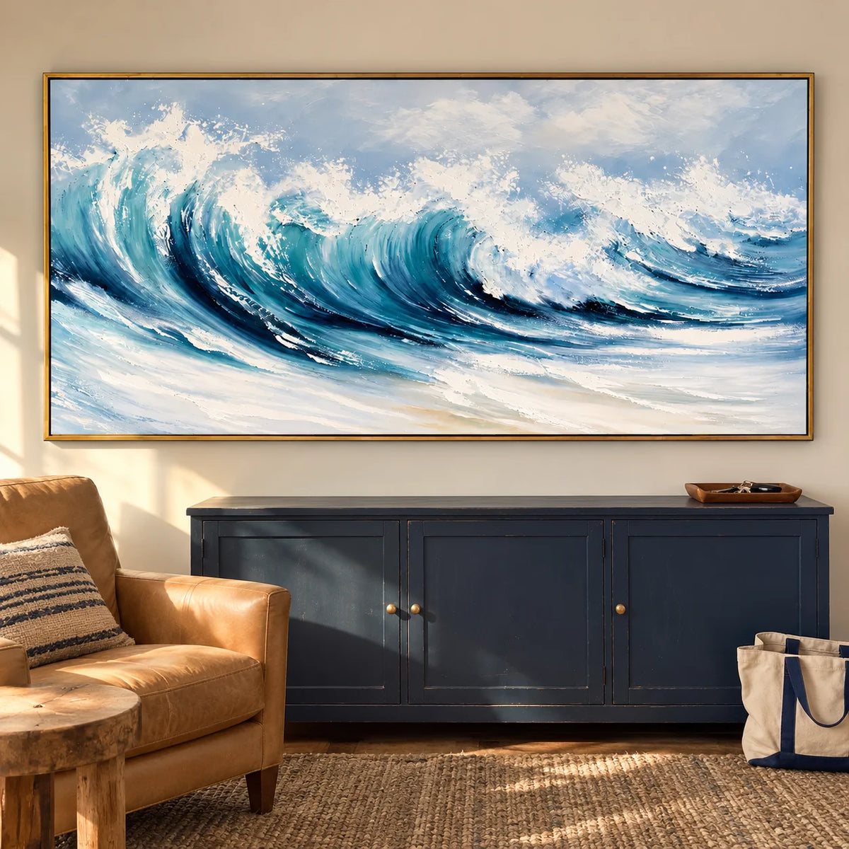 Ownanart Turquoise Ocean Wave Oil Painting – Hand-Painted Textured Coastal Wall Art