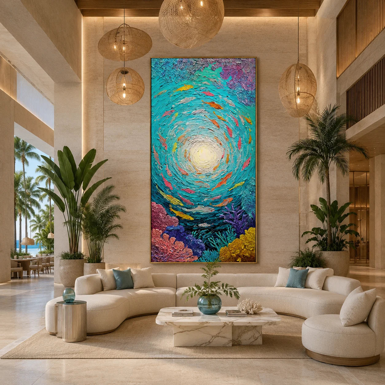 Underwater Fish Hand-Painted Oil Painting | Teal Abstract Ocean Wall Art | Textured Coral Fish Vertical Wall Decor # OA 1033