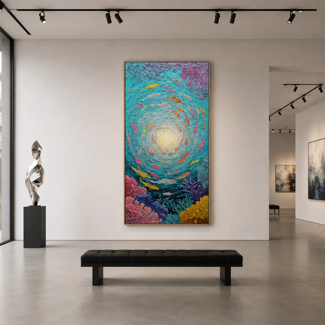 Underwater Fish Hand-Painted Oil Painting | Teal Abstract Ocean Wall Art | Textured Coral Fish Vertical Wall Decor # OA 1033