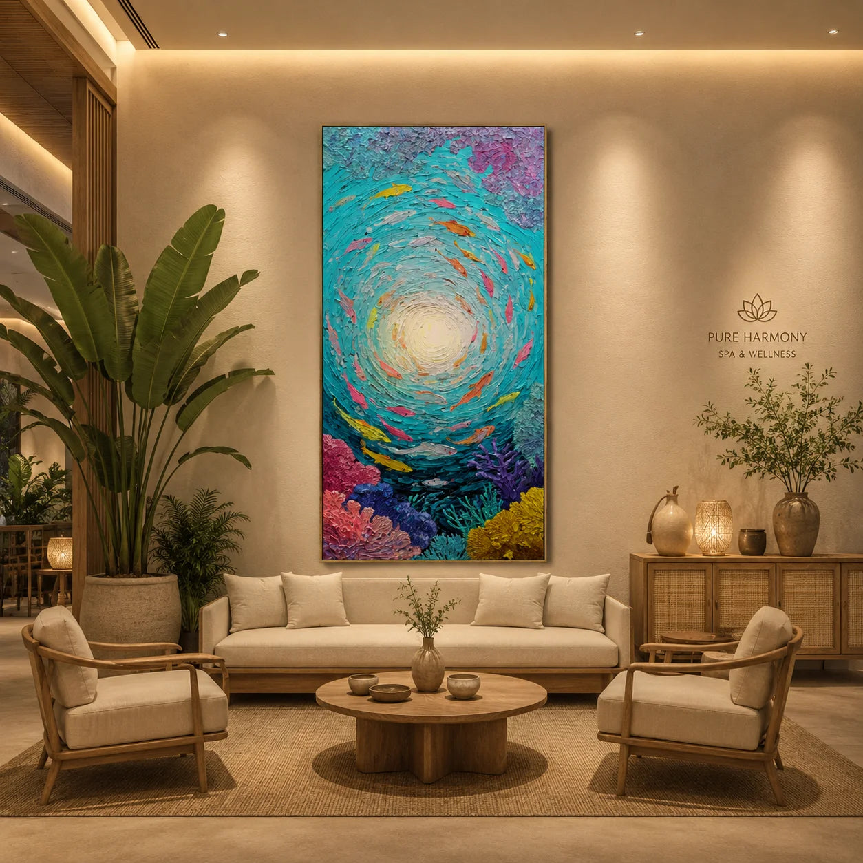 Underwater Fish Hand-Painted Oil Painting | Teal Abstract Ocean Wall Art | Textured Coral Fish Vertical Wall Decor # OA 1033