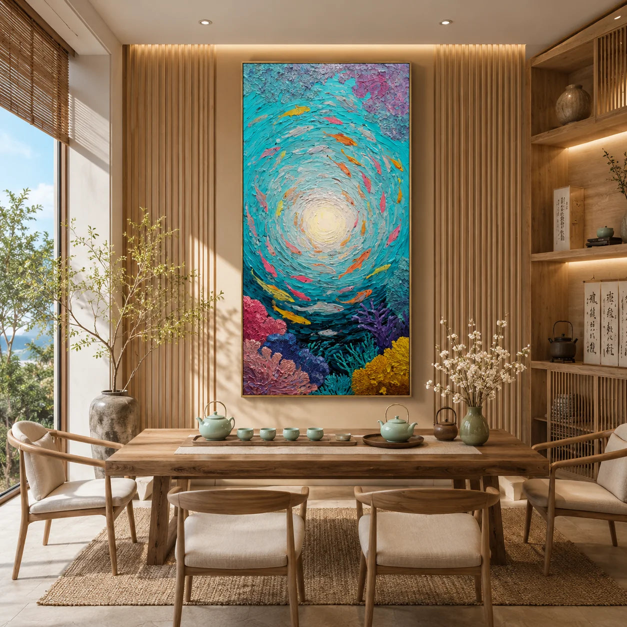 Underwater Fish Hand-Painted Oil Painting | Teal Abstract Ocean Wall Art | Textured Coral Fish Vertical Wall Decor # OA 1033