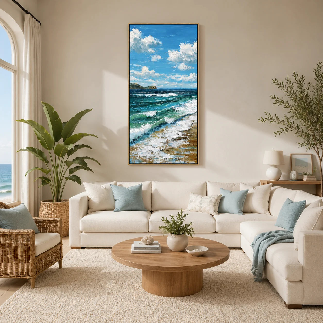 Vertical Coastal Ocean Wall Art – Blue Sea Waves and Sky Canvas Painting for Modern Home Decor