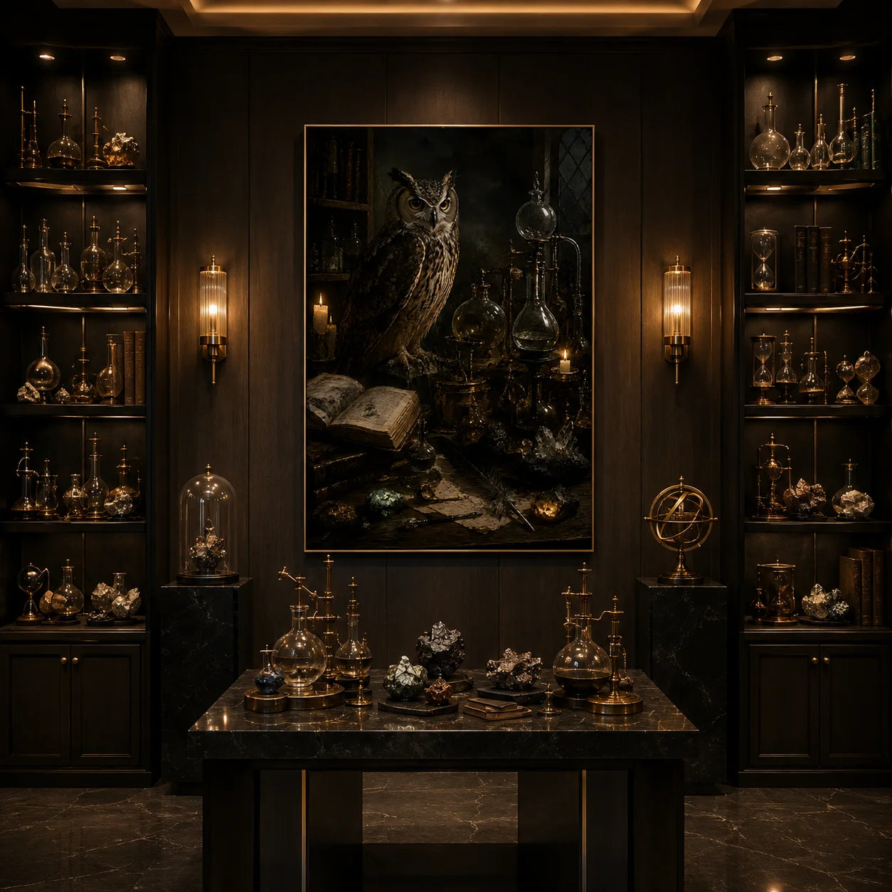 Ownanart Vintage Dark Gothic Owl Alchemy Laboratory Hand-Painted Oil Painting – Candlelit Antique Books and Glass Potion Bottles Vertical Wall Art # OA 1296