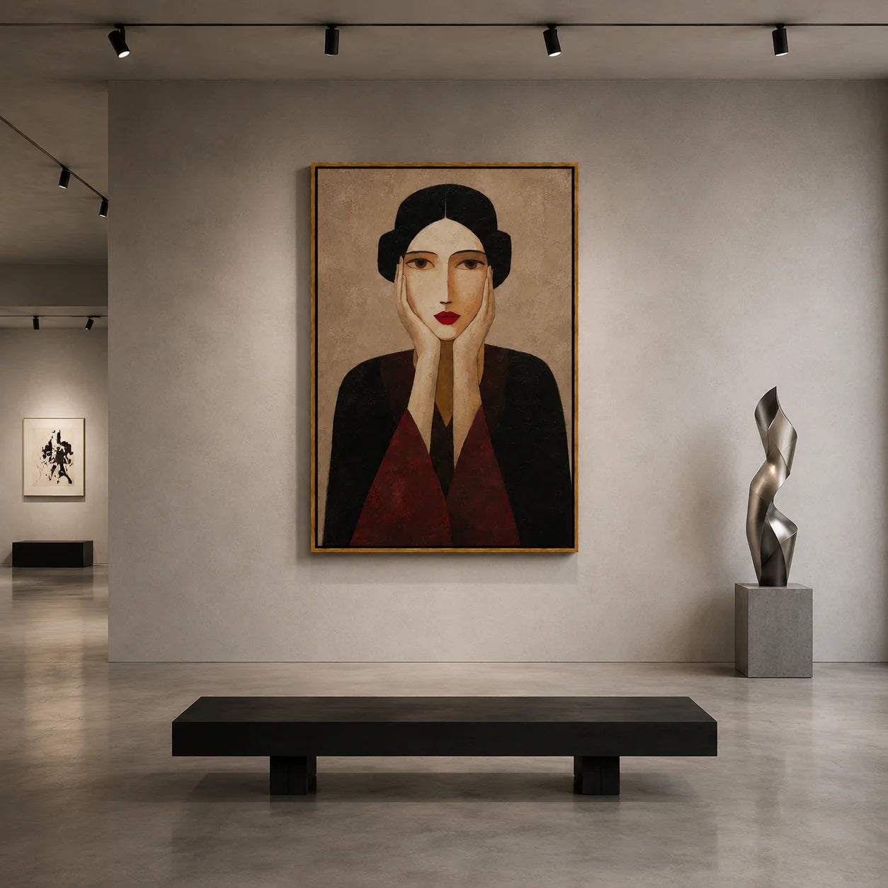 Vintage Red Lips Woman Portrait Hand-Painted Oil Painting | Modern Abstract Figurative Wall Art with Textured Elegant Style#OA 1020