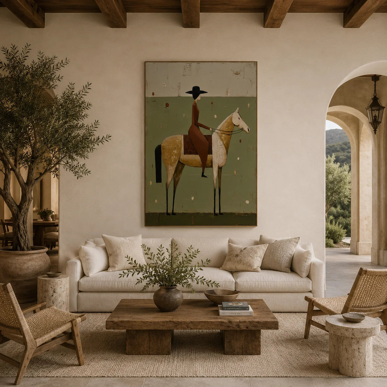 Vintage Sage Green Female Horse Rider Textured Oil Painting – Mid-Century Modern Equestrian Wall Art | Ownanart # OA 1202