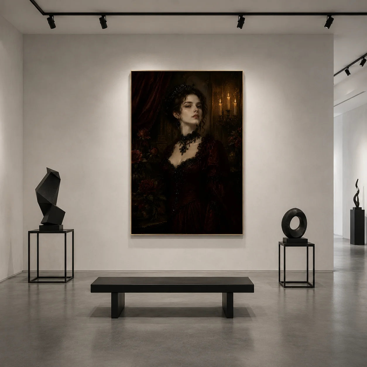 Ownanart Vintage Victorian Gothic Woman Portrait Hand-Painted Oil Painting – Candlelit Burgundy Dress Dark Romantic Vertical Wall Art # OA 1295