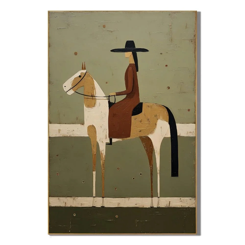 Vintage Western Cowgirl on Horse Hand-Painted Oil Painting | Sage Green Minimalist Geometric Equestrian Wall Art for Modern Interiors