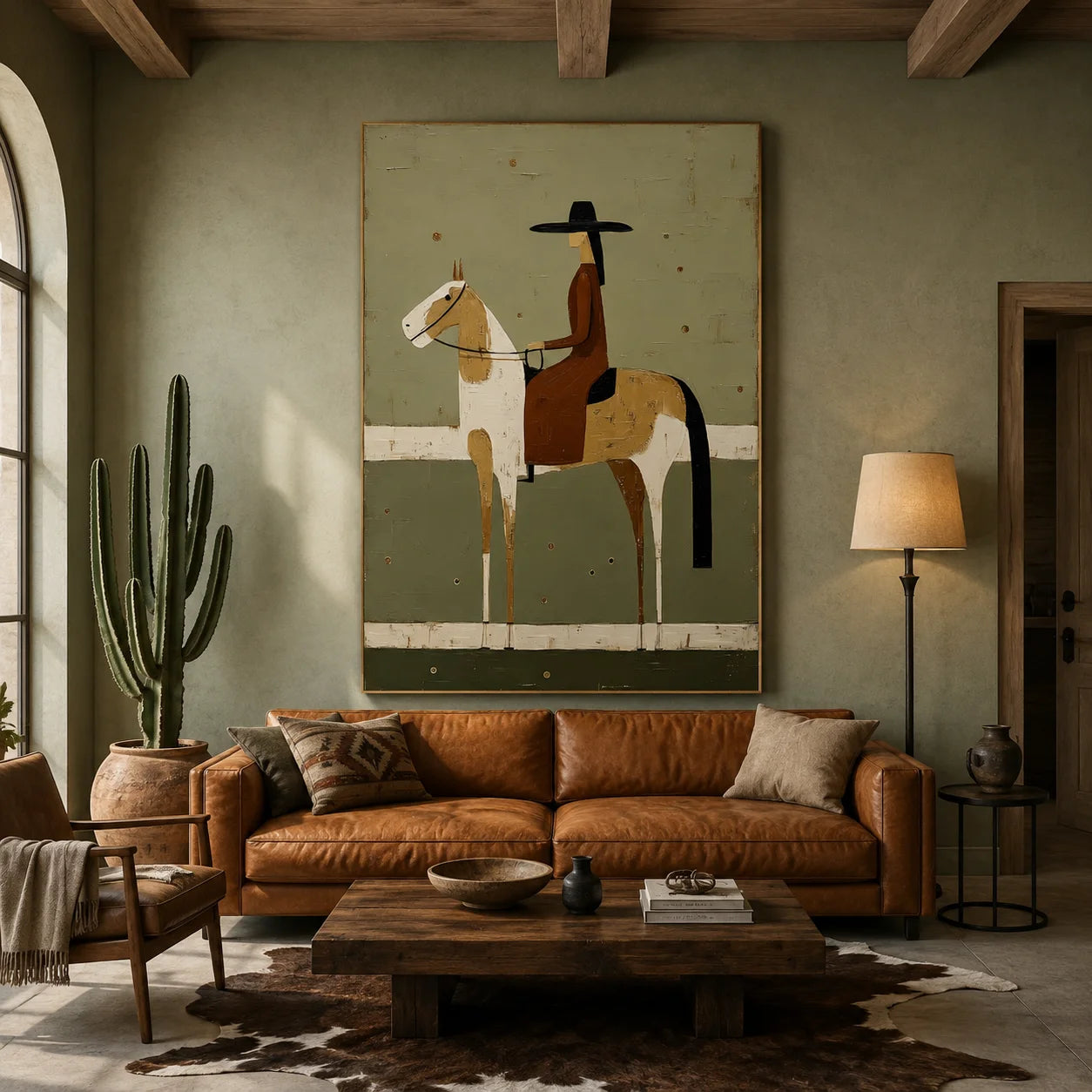 Vintage Western Cowgirl on Horse Hand-Painted Oil Painting | Sage Green Minimalist Geometric Equestrian Wall Art for Modern Interiors