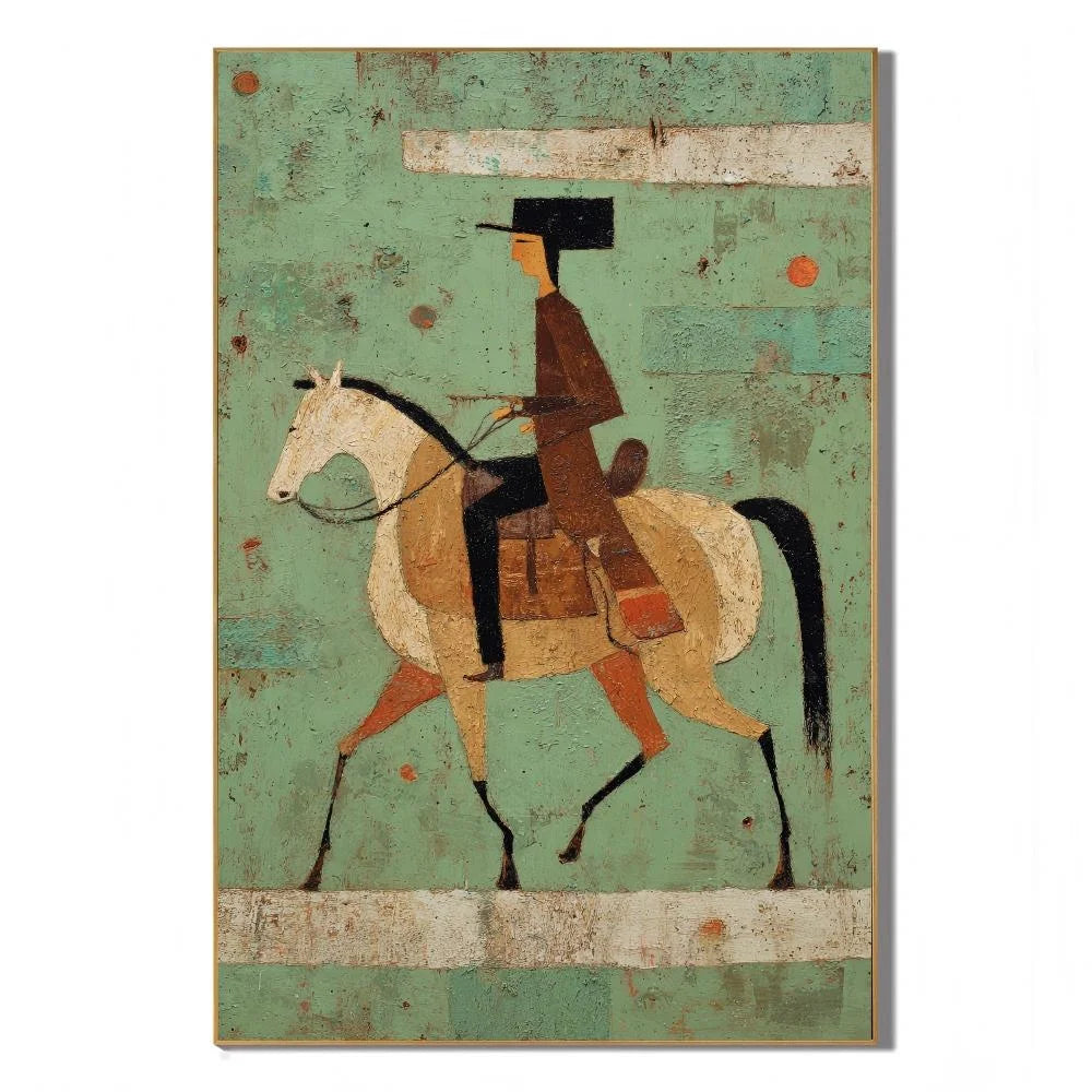Vintage Western Rider on Horse Hand-Painted Oil Painting | Mint Green Minimalist Equestrian Wall Art for Modern Home Decor