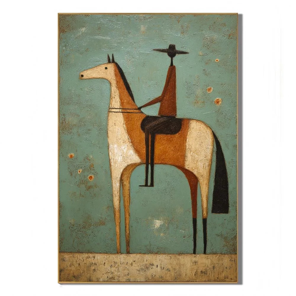Vintage Western Rider on Horse Hand-Painted Oil Painting | Mint Green Minimalist Geometric Equestrian Wall Art for Modern Home Decor