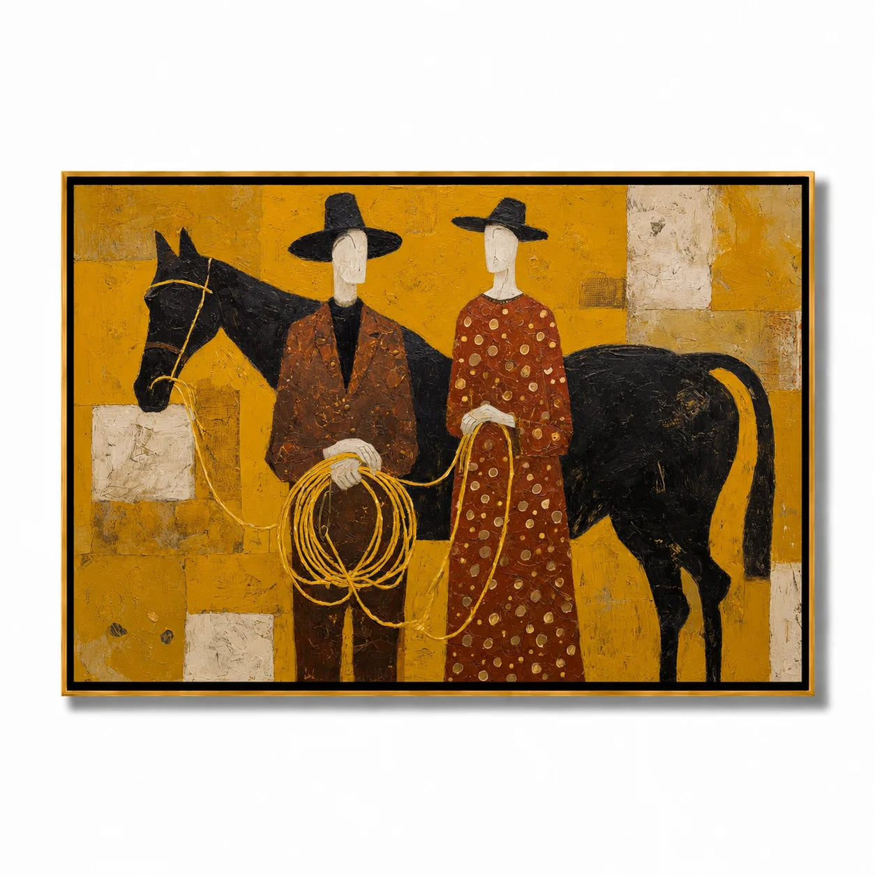 Western Couple with Black Horse Hand-Painted Oil Painting, Mustard Yellow Figurative Canvas Wall Art for Luxury Home Decor#OA 0950