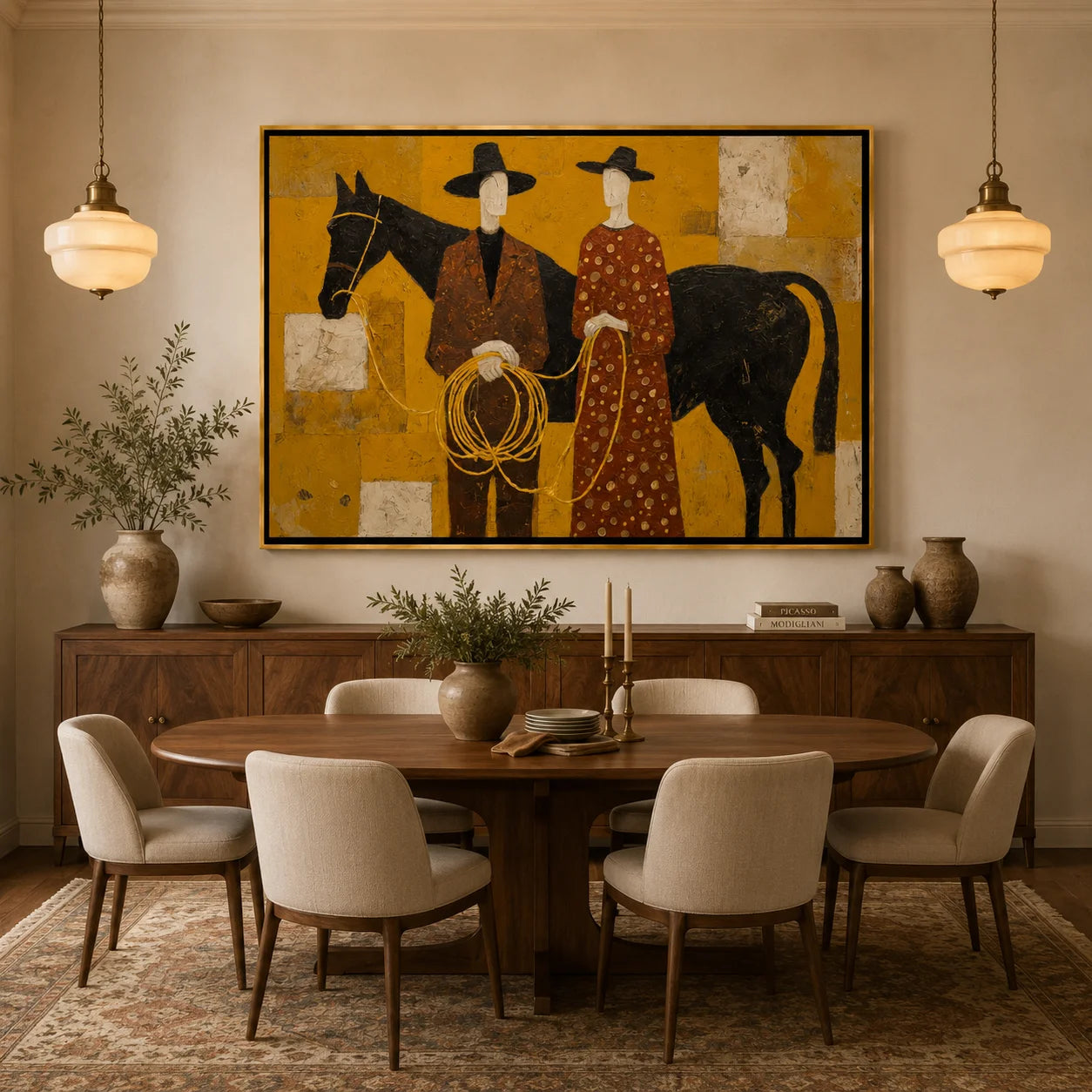 Western Couple with Black Horse Hand-Painted Oil Painting, Mustard Yellow Figurative Canvas Wall Art for Luxury Home Decor#OA 0950